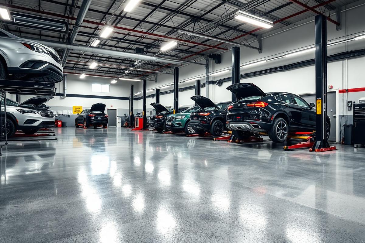 Commercial auto shop with a coated concrete floor
