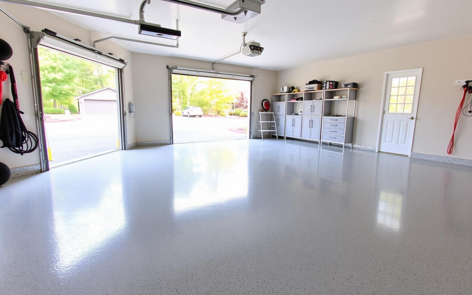 Finished light gray flake epoxy garage floor coating in a Holly Springs NC home