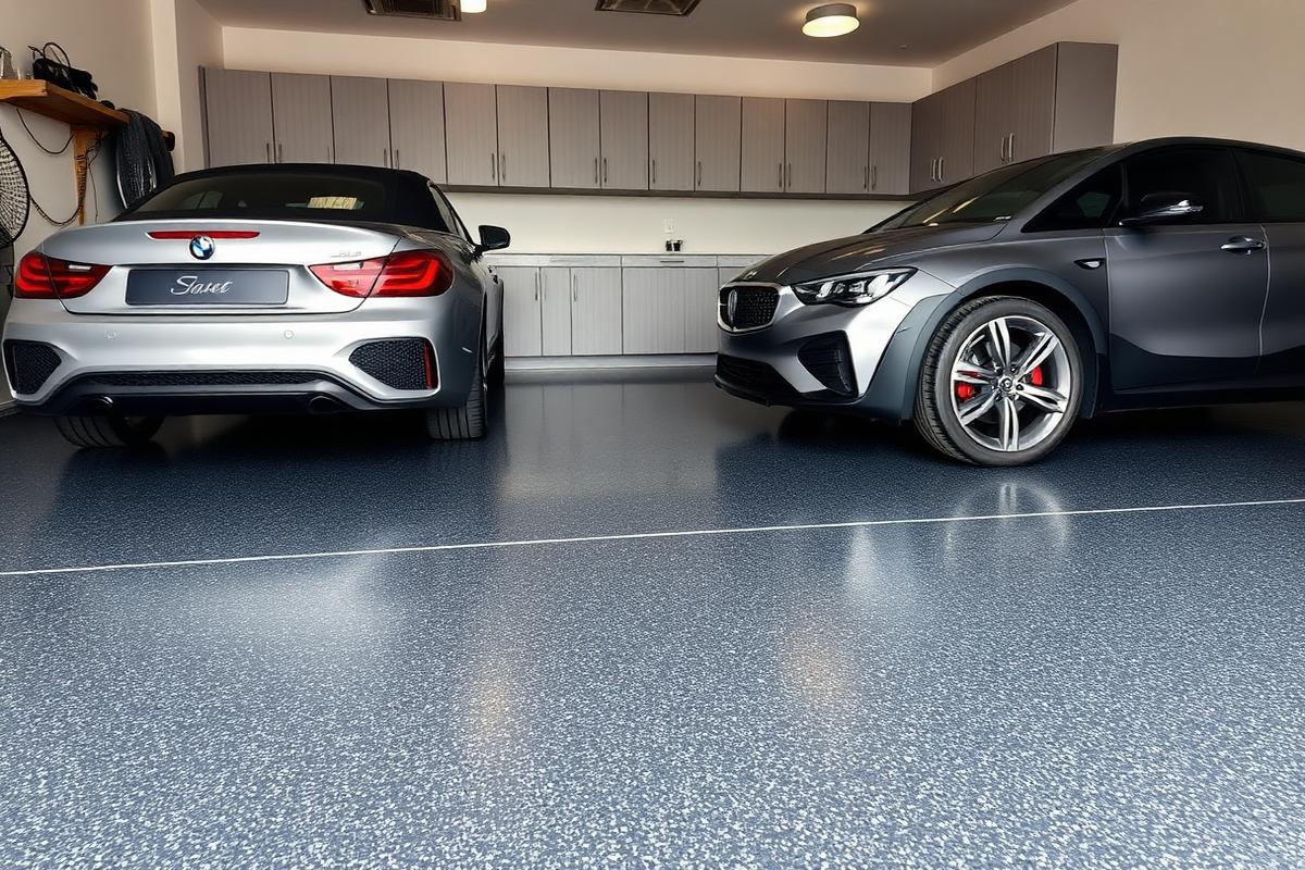 Two-car residential garage finished with a charcoal decorative flake coating